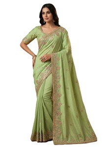 Sari de seda verde con bordado Zari y lentejuelas para bodas y fiestas, ropa tradicional india, sari largo hasta el suelo para mujer - Product Image 2