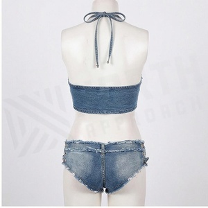 Ensemble bikini en jean pour femme, haut croisé à lacets, bas taille haute, maillot de bain 2 pièces, bleu délavé, coton extensible - Product Image 2