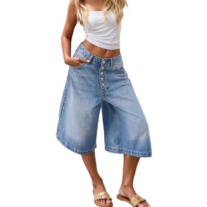 Pantalones Cortos de Mezclilla de Cintura Alta para Mujer, Personalizados, de Alta Calidad, con Botones, Pierna Ancha, Estilo Casual, Jeans a la Moda, Venta al Por Mayor - Product Image 1