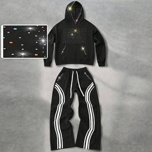 Fashion Women Solid Heavyweight Rhinestone Jogger Tracksuit <b>Set</b> Sparkle Two <b>Piece</b> <b>Lounge</b> Outfit Casual Bling Cotton Fleece - Product Image 1