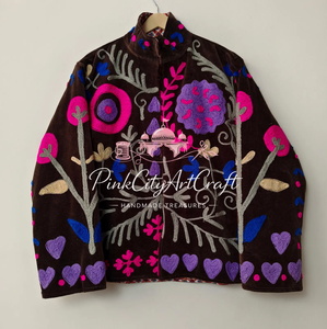 Handcrafted Women Velvet <b>Quilted</b> Jacket Breathable Eco-Friendly Vibrant Rajasthani Suzani Embroidery Full-Zip Winter Bomber Coat - Product Image 4