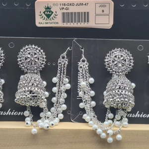 Indian Oxidized <b>Silver</b> Flower Jhumka <b>Earrings</b> White Pearl Hair <b>Chain</b> Dome Bell Ghungroo Jewelry Bulk Wholesale Set - Product Image 1