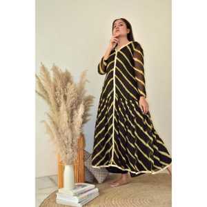 Ensemble Kurta en Chiffon Lehariya Noir Cendré Taille XS - Product Image 2