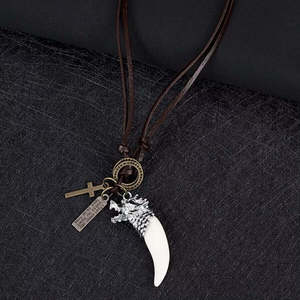 White Wolf Tooth Leather Necklace for <b>Men</b>-Vintage Pendant with Adjustable Pure Leather Cord Blade <b>Chain</b> Gift - Product Image 2