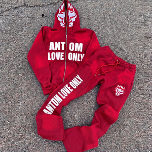 Custom Winter Men's Heavyweight 100% Cotton Hooded Solid Sweat Jogger Stacked Pants <b>Set</b> 2 Pc Distressed <b>Embroidery</b> Flared - Product Image 3