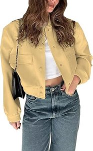 Women's Solid Color Bomber <b>Jacket</b> Full <b>Sleeve</b> Stand Collar Patch Pocket <b>Short</b> Length Autumn Wear - Product Image 5
