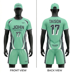 Uniforme de Voleibol Masculino, 160 GSM, Poliéster que Absorbe la Humedad, Verde Menta y Gris, Paneles Laterales Curvos, Sublimación, Logotipo Personalizado - Product Image 1