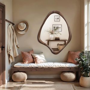 Espejo de Pared Asimétrico Decorativo Hecho a Mano con Forma Orgánica Minimalista Escandinava Moderna, Espejo de Madera Maciza con Cristal para Sala de Estar - Product Image 4