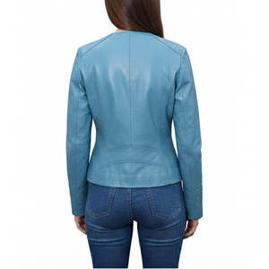 Veste sans col en tissu tissé en peau de mouton sur mesure pour femme, taille XS, fabriquée à la main, bleu turquoise, édition minimaliste élégante, Leathertex - Product Image 1