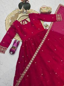 Women Traditional Floor-Length Red Gown Set With Dupatta Ethnic Wear For Wedding Indian Pakistani Style Loose Fit Dress - Product Image 5