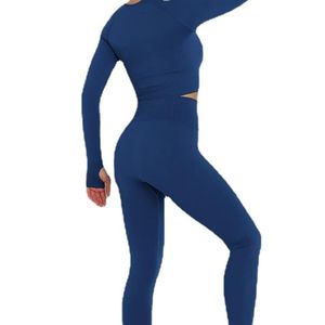 Conjunto Deportivo de 2 Piezas, Top de Manga Larga sin Costuras, Cintura Alta, Ropa Deportiva de Compresión, Azul Marino - Product Image 3