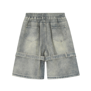 Pantalones cortos tipo bermuda de lona de algodón negros para hombre con correa cruzada y cintura con cordón, estilo casual - Product Image 2