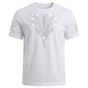 Men's White Short Sleeve <b>T</b>-<b>Shirt</b> With Rhinestone Feather Design O-Neck Casual Jersey Fit Rhinestone <b>T</b> <b>shirts</b> - Product Image 1