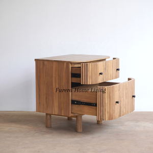 Mesita de noche moderna de teca maciza con dos cajones, colores naturales para dormitorio y sala de estar, muebles para proyectos de hogar y hotel - Product Image 5