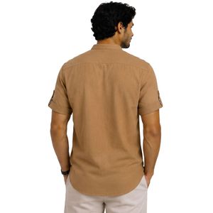 Camisa Casual de Lino y Algodón para Hombre, Color Camel, Cuello Mandarín, Manga Corta, Transpirable, Verano, Mangas Enrollables, Bordada, Personalizada - Product Image 2