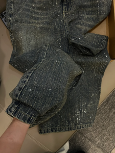 Jean en denim pour femme à strass, taille haute, coupe ample, délavé, jambe large, style mode - Product Image 3