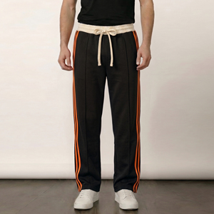 Pantalon de survêtement pour homme en coton noir à 100% avec bandes latérales orange, taille à cordon de serrage, pantalon de survêtement à jambes larges, pantalon en molleton pour homme, hiver - Product Image 1