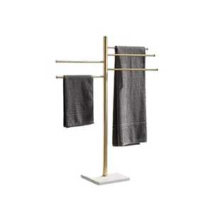 Porte-serviettes autoportant de luxe Skies Trader en or à 3 niveaux, organisateur de salle de bain triple en T avec base en marbre blanc, support de serviettes sur pied - Product Image 6