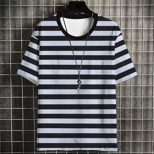 T-shirt décontracté à rayures pour homme, col rond, manches courtes, tricoté, coupe régulière, motif streetwear, vente en gros - Product Image 4