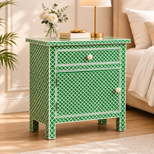 Green Pattern Nightstand <b>Side</b> <b>Table</b> Bedside Cabinet Drawer <b>Storage</b> for Bedroom Living Room - Product Image 2