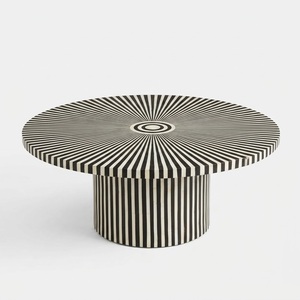 Mesa de Centro Redonda con Incrustaciones de Hueso en Rayas Blancas y Negras, Hecha a Mano, con Base de Pedestal, Muebles para Sala de Estar, Venta al Por Mayor - Product Image 1