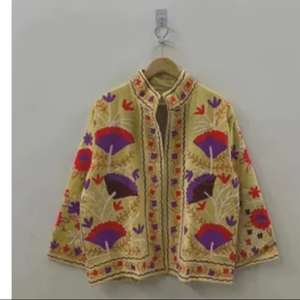 Ethnic Style Winter Jacket Velvet Suzani Cropped Bohemian <b>Coat</b> with Floral Embroidery for Festivals or Casual Wear - Product Image 1