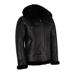 Veste en cuir aviateur B3 noire pour homme, en peau de mouton, style RAF, avec capuche en fourrure noire - Product Image 3