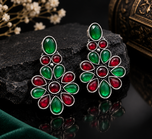 Pendientes de Plata Oxidada con Flores y Piedras Coloridas Verdes y Rojas, Pendientes Florales para Mujer, Joyería de Moda al por Mayor - Product Image 5