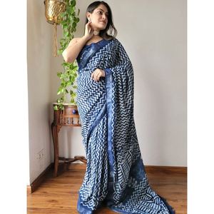 DISEÑADOR DE LINO SEDA ESTAMPADO DIGITAL TRABAJO SAREE CON BLUSA SIN COSTAR AZUL MARINO - Product Image 1