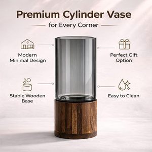 Vase à fleurs en verre transparent avec base en bois, récipient floral rond pour la décoration de la maison et des mariages - Product Image 4
