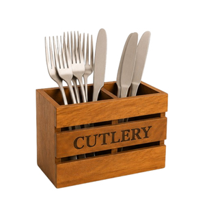 Porta cubiertos artesanal de madera de mango con 3 compartimentos, organizador rústico de utensilios para encimera de cocina y vajilla de comedor. - Product Image 1