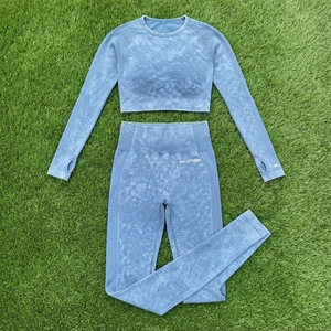 <b>Women</b> Blue Acid Wash Yoga Set Long Sleeve <b>Crop</b> Top High Waist Full Length <b>Leggings</b> Gym Fitness Workout Activewear - Product Image 6