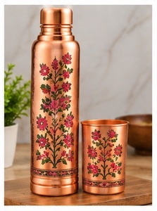 Ensemble de bouteille et de tasse à eau en cuivre antioxydant avec couvercle, motif feuille de bambou, thermos de voyage portable - Product Image 4