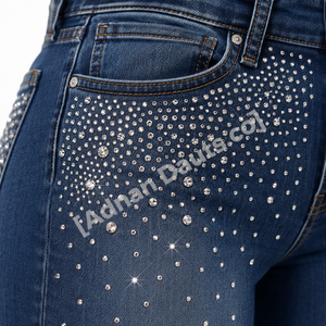 Jeans Capri de Mezclilla con Pedrería y Pierna Ancha Personalizados para Mujer |   Jeans Culotte de Cintura Alta y Corte Recto |   Adorno de Moda con Cristales Brillantes - Product Image 2