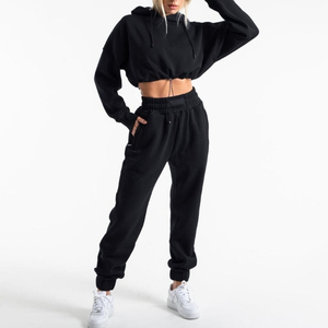 Women's Cropped Hoodie Oversized Solid <b>Black</b> Cotton Sweatshirt Hooded <b>Long</b> Sleeve Autumn Wear Breathable Knitted <b>Top</b> - Product Image 3