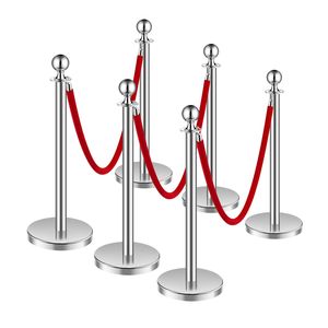 6 barriere per il controllo della folla, 3 pali con corde in velluto rosso e base cava, pali in acciaio inossidabile per ristoranti e hotel - Product Image 1