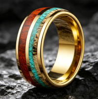 Bague en carbure de tungstène avec incrustation de bois de fût de whisky, turquoise et bois de cerf, bord poli, pour mariage, fiançailles et promesse