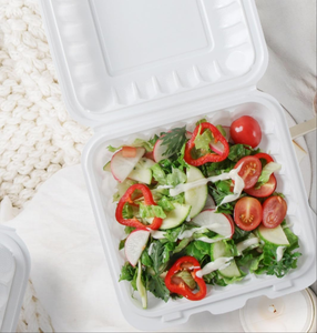 Contenants alimentaires compostables, biodégradables, écologiques, imperméables et résistants, en forme de coquille, 8x8 pouces, blancs, fabriqués en bagasse de canne à sucre - Product Image 1