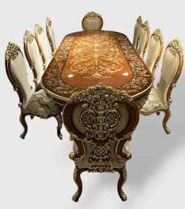 Ensemble de table à manger ronde en teck antique doré, fabriqué à la main, luxe royal, 10 places, écologique, facile à nettoyer, meubles de salle à manger - Product Image 2