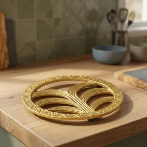 Decorative Plant Tree Design Gold Aluminium Trivet Round Metal Hot Pad Stand Heat Resistant <b>Table</b> <b>Protector</b> for Kitchen Dining - Product Image 3