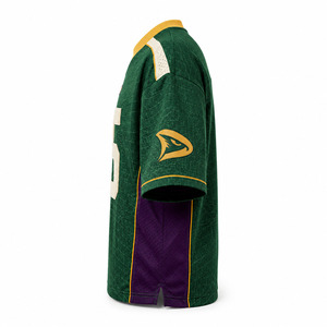 DRAVELLE Men's V-Neck Short Sleeve Soccer Jersey <b>Mesh</b> 100% Polyester Tackle Twill Print Number 15 Green Purple Gold - Product Image 5