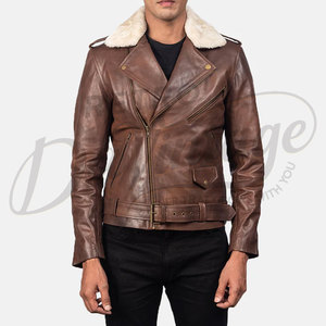 Veste de motard en cuir véritable marron pour homme de qualité supérieure avec col en fausse fourrure crème, coupe ajustée, manteau d'hiver pour moto, vêtement d'extérieur élégant - Product Image 3