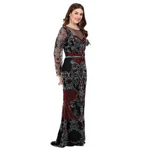 Robe de soirée longue de luxe à manches longues, élégante, avec encolure en maille, richement ornée de perles et de sequins, robe longue vintage brodée pour bal et soirée - Product Image 3
