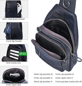 Sac de poitrine en cuir bleu premium pour femmes, sac de voyage multi-poches à bandoulière avec sangle réversible et coutures renforcées - Product Image 4