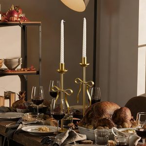 Gold Bow Taper Candle Holders Set of 2 Vintage <b>Cast</b> Iron Heavy Duty Candlestick Holders For Christmas Decoration - Product Image 6