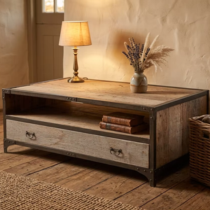 Mesa de Centro de Madera Contemporánea, Ecológica y Duradera Simon, con Estructura Metálica, Construcción de Madera Sólida, Acabado Natural, para Hogar y Hotel - Product Image 3