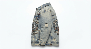 Veste coupe-vent en denim délavé bleu clair vintage, patchwork vieilli, sur mesure pour hommes, vente en gros OEM - Product Image 3