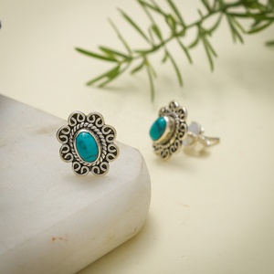 Boucles d'oreilles clous vintage bohèmes turquoise à motif floral en argent sterling 925, bijoux pour femmes, distributeur en gros - Product Image 2