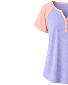 T-shirt pour femme lavande pêche à manches courtes, col Henley, haut à manches raglan, en coton doux, coupe décontractée, respirant, pour l'été et le quotidien - Product Image 4