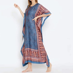 Women's Blue Paisley <b>Print</b> Kaftan Dress With Contrast Trim Floor-Length Modest Evening Gown Cap Sleeve Rayon <b>Material</b> - Product Image 2